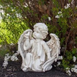 Promo ✨ Northlight 10" Ivory Angel Boy on Knee with Bird Outdoor Garden Statue ✔️
