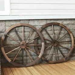 Best Sale 🎁 Sunnydaze Decor Sunnydaze Indoor/Outdoor Wooden Rustic Western Style Wagon Wheel Yard Landscape Porch Patio Décor - 30" - Natural - 2pk 😍