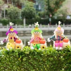 Promo π€© Gardenised Outdoor Fall Decor π Halloween Scarecrow for Garden Ornament Sitting on Hay Bale, Straw Multicolor, Set of 3, 16 in. π