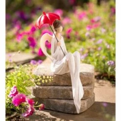 Garden Decor Shop 26 Hot Sale ✨ Wind & Weather Seated Angel with Red Umbrella Indoor/Outdoor Statue 🤩