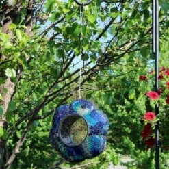 New π Sunnydaze Decor Sunnydaze Outdoor Garden Patio Glass Round Flower Shaped Hanging Fly-Through Bird Feeder - 9" - Indigo β¨