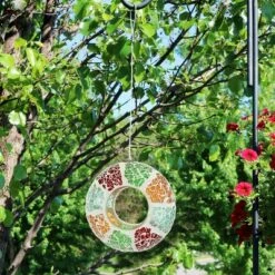 Buy π Sunnydaze Decor Sunnydaze Outdoor Garden Patio Round Glass with π Summery Mosaic Design Hanging Fly-Through Bird Feeder - 6" - Red, Orange, Green, and Light Blue π