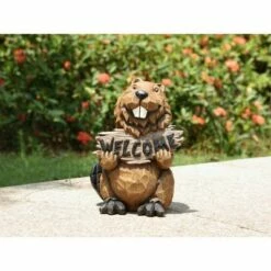 Best Pirce 😍 HI-LINE GIFT LTD 11.75" Polyresin Beaver Holding a Welcome Sign Outdoor Statue Brown - Hi-Line Gift 👏