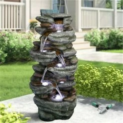 Best reviews of 🌟 Watnature 40.55" 6-Tiers Cascading Waterfall Fountain with LED Lights Gray 🔥