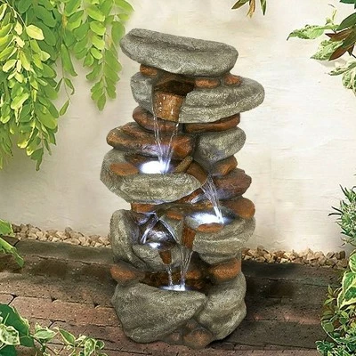 Outlet π― Watnature 30" 4-Tier Rock Water Fountain with LED Lights Brown/Gray β 3 Outlet π― Watnature 30" 4-Tier Rock Water Fountain with LED Lights Brown/Gray β