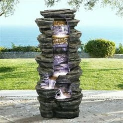 Cheap ⭐ Watnature 40" High Stacked Simulated Rock Cascading Waterfall Fountain Gray 👏