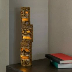 Cheapest 💯 Alpine Corporation Alpine 19" Triple Tiki Solar Concrete Garden Decor Brown ⭐