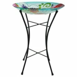 New ❤️ Northlight 21” White and Blue Hand Painted Floral Glass Outdoor Patio Birdbath 😉