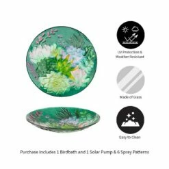 Coupon 🌟 Evergreen 18" Glass Bird Bath Succulent w Solar Fountain 🌟