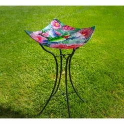 New ❤️ Evergreen 16.5" Hand Painted and Embossed Square Bird Bath, Hummingbird with Flowers ✔️