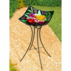 Discount 🔔 Evergreen 16.5" Hand Painted Embossed Square Glass Bird Bath, Floral Bouquet 😉