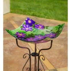 Best deal 🎁 Evergreen 16.5" Hand Painted Embossed Square Glass Bird Bath, Purple Floral 😀