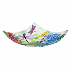 Best Sale 💯 Evergreen 16.5" Hand Painted Embossed Square Glass Bird Bath, Dragonfly Prints 😀