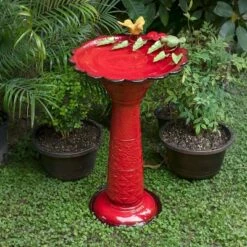 Discount ❤️ 28" Metal Birdbath With Birds And Leaves - Red - Alpine Corporation 🎉
