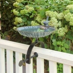 Hot Sale 🔔 10" Scallop Shell Birdbath with Over Rail Bracket Antique Brass Plated - Achla Designs 🔔