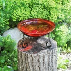Outlet π 7" Reflective Crackle Glass Birdbath Bowl With Short Stand - Achla Designs Red π
