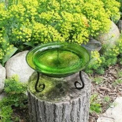 Buy 💯 7" Reflective Crackle Glass Birdbath Bowl With Short Stand - Achla Designs Fern Green 🔥