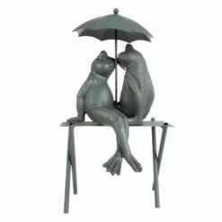 Cheap 🎁 Nature Spring Small Frog Couple Under Umbrella Resin Garden Statue - 14.5", Antique Bronze ⌛