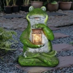 Coupon 🌟 Resin and Glass Solar Garden Frog with LED Firefly Jar Statue - Exhart ✨