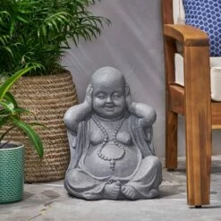 Discount 🤩 Harrod Outdoor Hear No Evil Monk Garden Statue - Stone Gray - Christopher Knight Home 👍