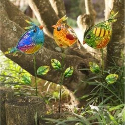 Cheap 🔔 Evergreen Colorful Metal and Glass Bird Garden Stakes, Blue ⌛