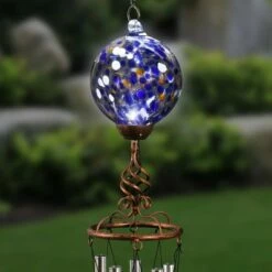 Discount ⌛ 46.25" Solar Metal and Glass Ball Wind Chime Blue - Exhart 😍