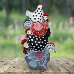 Best Pirce 🔥 12.4" Resin Stacked Farmhouse Chickens Statue Red/White/Black - Exhart 😀