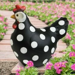 Coupon 😍 8.46" Resin Polka Dot Garden Hen Statue - Exhart Black/white 🔔