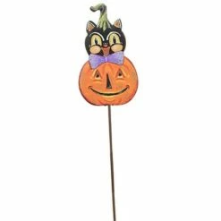 Budget 😉 Round Top Collection 🦇 Halloween 26.0" Vintage Cat In Pumpkin Retro Garden Stake - Decorative Garden Stakes 🔔