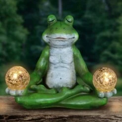 Discount 😍 10" Resin Solar Yoga Frog Holding 2 Glass Jars Garden Statue Green - Exhart 🔔
