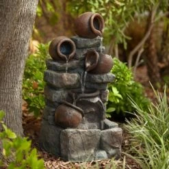 Promo π John Timberland Rustic Outdoor Floor Water Fountain with Light LED 32" High Pot and Rocks Cascading Yard Garden Patio Deck Home π€©
