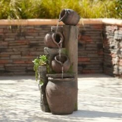 Best Pirce 🌟 John Timberland Rustic Outdoor Floor Water Fountain with Light LED 39 1/4" High Four Pot Cascading for Yard Garden Patio Deck Home 🎉