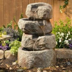 New 🛒 John Timberland Rustic Zen Outdoor Floor Water Fountain with Light LED 30" High Rock Waterfall for Yard Garden Home Patio Deck 👏