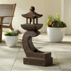 Outlet 🔔 John Timberland Japanese Outdoor Floor Fountain with Light LED 31" High Rust Garden Pagoda Patio Yard Deck Home Lawn Porch House ⭐