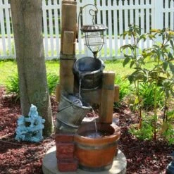 Best Sale ❤️ Sunnydaze Decor Sunnydaze 34"H Electric Polyresin Rustic Pouring Buckets Outdoor Water Fountain with Solar Lantern 💯