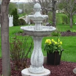Best deal π Sunnydaze Decor Sunnydaze Outdoor 2-Tier Solar Powered Polyresin Arcade Water Fountain with Battery Backup and LED Light - 45" - White π―