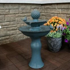 Best Sale 👏 Sunnydaze Decor Sunnydaze 27"H Electric Green Ceramic 2-Tier Resting Birds Outdoor Water Fountain 😍