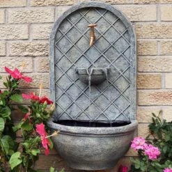 Discount 👍 Sunnydaze Decor Sunnydaze 26"H Solar-Powered with Battery Pack Polystone Messina Outdoor Wall-Mount Water Fountain, French Limestone Finish 💯