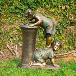 Flash Sale 👍 Alpine Corporation 27" Resin Indoor/Outdoor Girl and Boy Drinking Water Fountain Yard Décor Bronze ❤️ -Garden Decor Shop unnamed file 7926