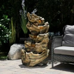Budget 😉 Alpine Corporation 47" Resin Outdoor 5-Tier Tree Trunk Waterfall Floor Fountain with LED Lights Brown ⌛