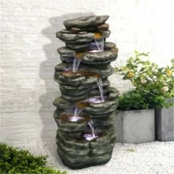 Cheap π Watnature 40" 6-Tier Rock Water Fountain with LED Lights Gray π
