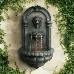 Best Sale π 32.1" Tiered Lion Head Stone Outdoor Wall Fountain with LED Light - Black - Teamson Home π