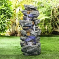 Coupon π€© Watnature 40" High Stacked Simulated Rock Cascading Waterfall Fountain with LED Lights Gray π