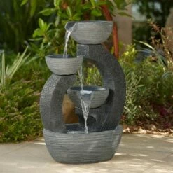 Best deal 😍 John Timberland Japanese Style Outdoor Floor Water Fountain with Light LED 31 1/2" High Gray Faux Stone Cascading Patio Backyard 🎁