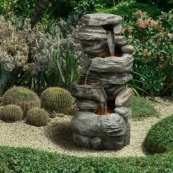 Buy 🌟 39.37" Rock 3-Tierd Outdoor Waterfall Fountain with LED Light - Natural - Teamson Home 🎁